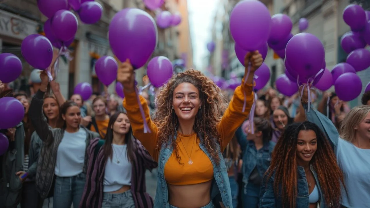 A group of friends celebrate a Hen Night with purple baloons.