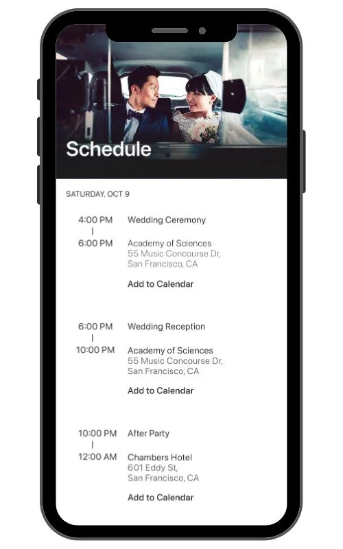 A wedding schedule for Saturday, October 9th, including a wedding ceremony at the Academy of Sciences at 4 PM, a wedding reception at the Academy of Sciences at 6 PM, and an after-party at the Chambers Hotel at 10 PM.