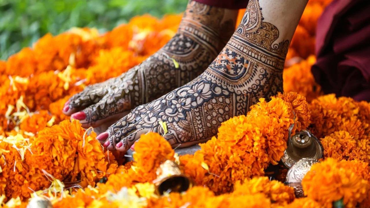 Woman's feet adorned with intricate henna designs. The henna is dark brown and covers most of her feet and ankles. The woman is sitting on a bed of marigolds, which are bright orange and surround her feet.