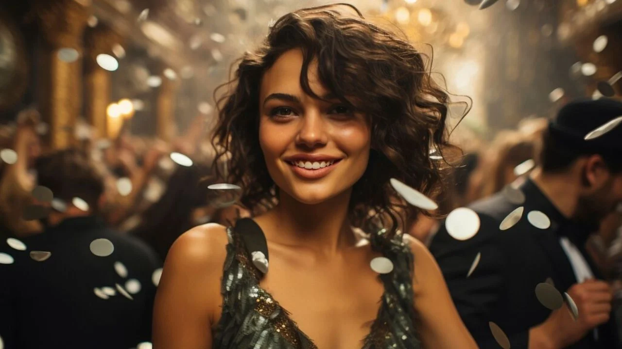 A smiling woman in a sparkly Hen night dress at a party.