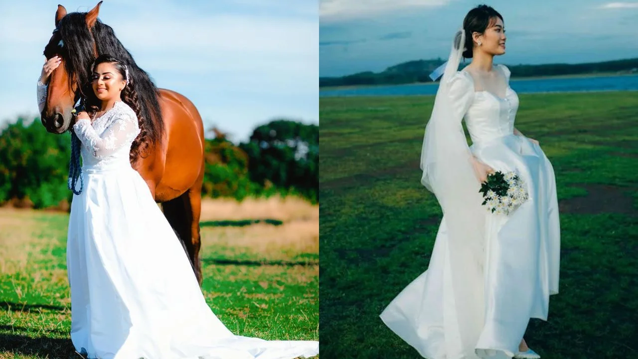 wo brides in elegant wedding dresses: one standing next to a brown horse in a lush field, and the other holding a bouquet while walking near a serene lake, wearing a satin gown with puffed sleeves.