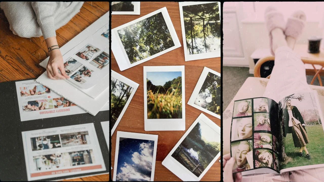 A collage of three images: a person reviewing printed photographs and sketches on a table, a collection of Polaroid photos scattered on a wooden surface, and a person reading a magazine with fashion photos.