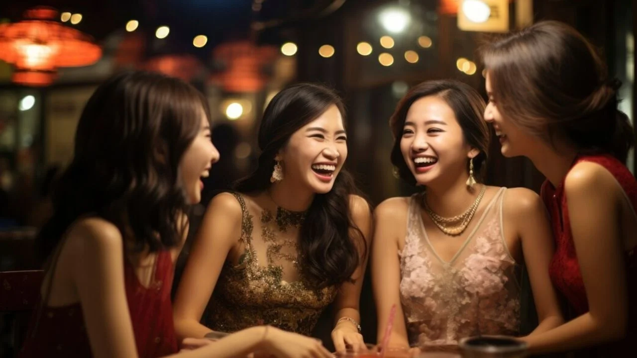 Four friends laughing and celebrating.