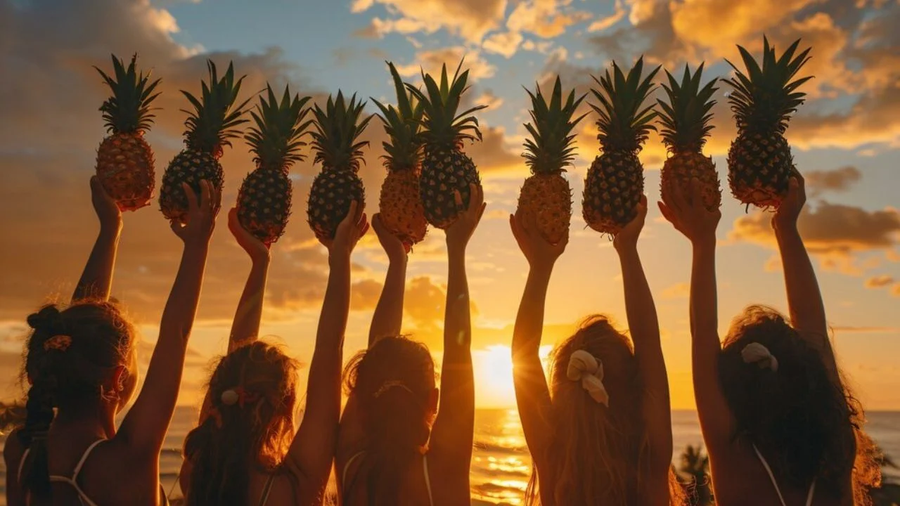 Four girls with long hair are silhouetted against a golden sunset. They are all holding up a pineapple in the air, with their arms raised. There are clouds in the background.