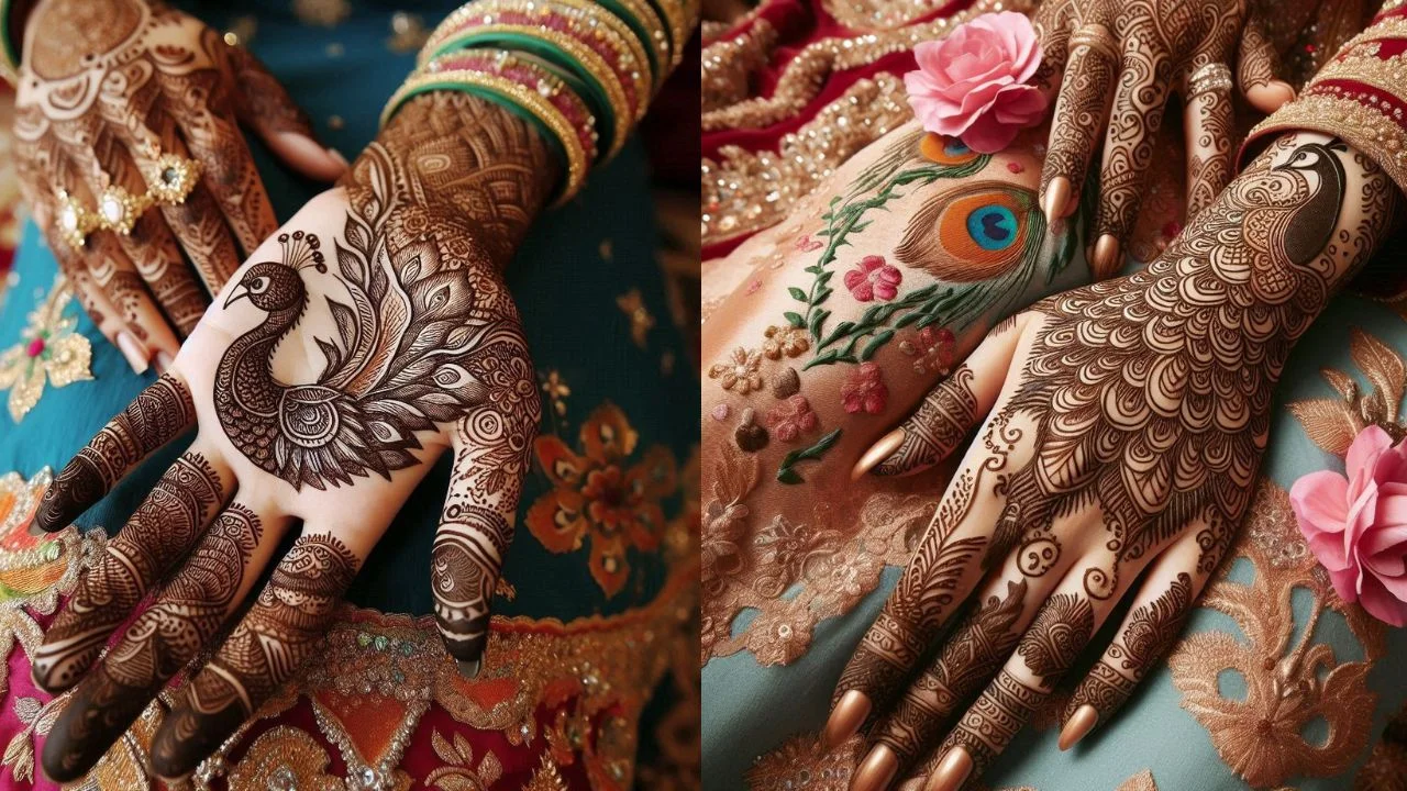 A stunning display of two intricate peacock-themed mehndi designs on bridal hands, with vibrant traditional attire and floral details in the background.