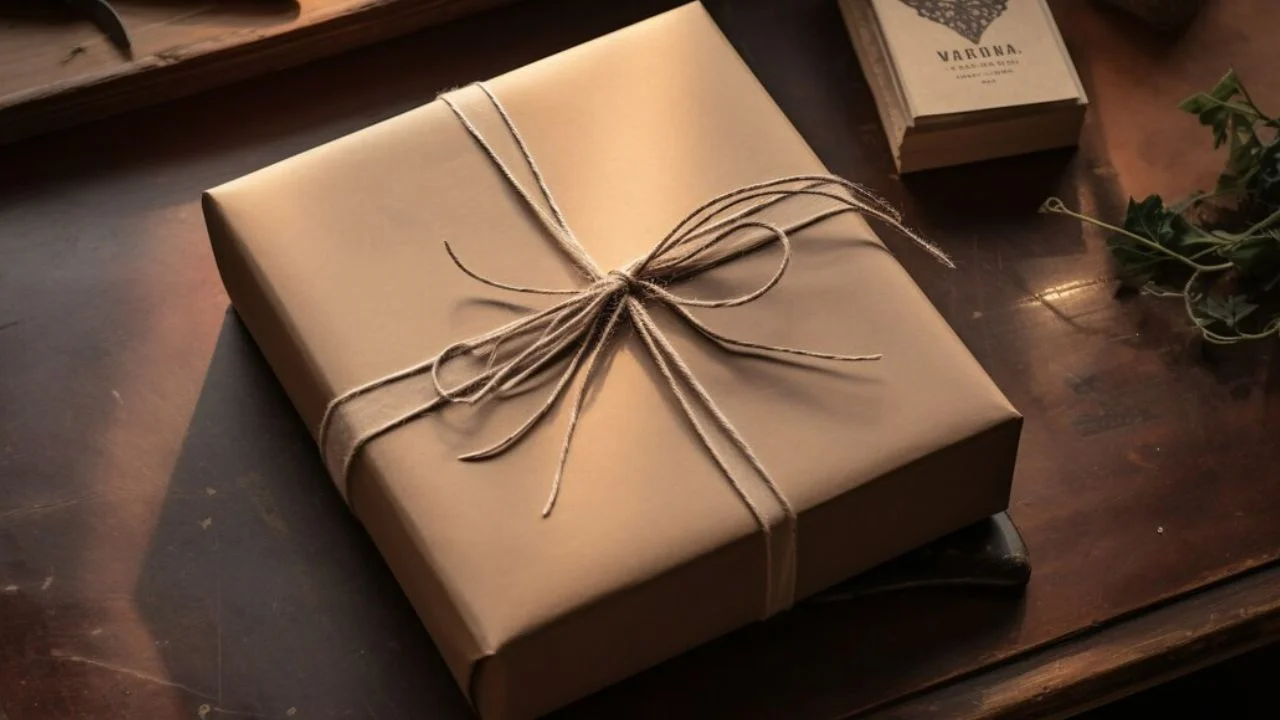 A square gift box wrapped in brown paper and tied with twine, resting on a wooden table.