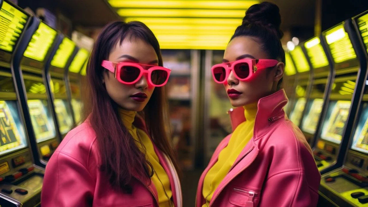 Two women in pink leather jackets and pink sunglasses stand before a row of brightly lit arcade games. They both look confident and stylish.