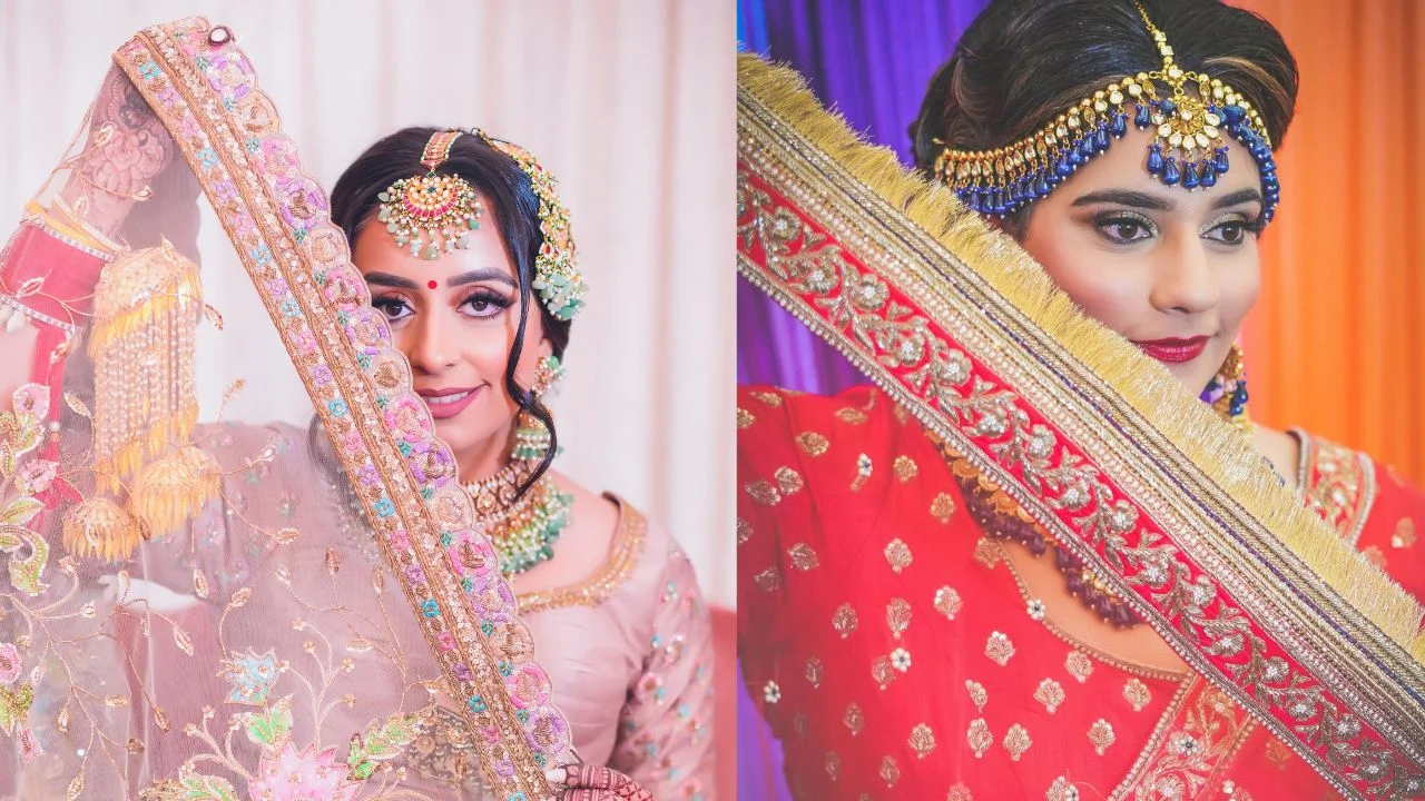 Two Indian brides in beautiful traditional attire. Both brides are wearing elaborate jewelry and have their dupatta styled as they are playing peek-a-boo.