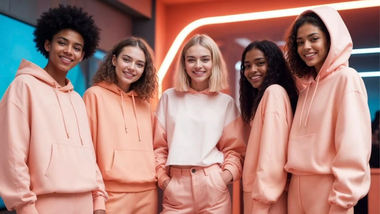 Four young women, dressed in matching pink outfits, smile and pose for a photo together, with a neon sign in the background.