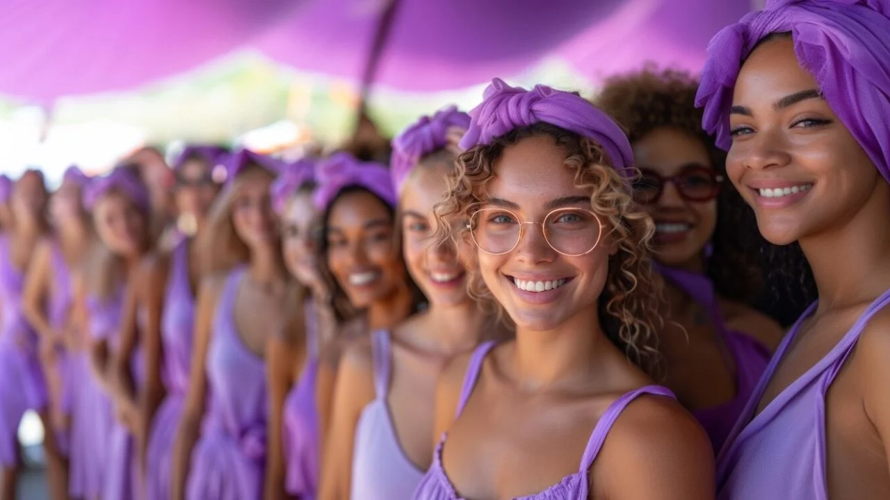 A group of women wearing purple headbands and dresses smile at the camera.