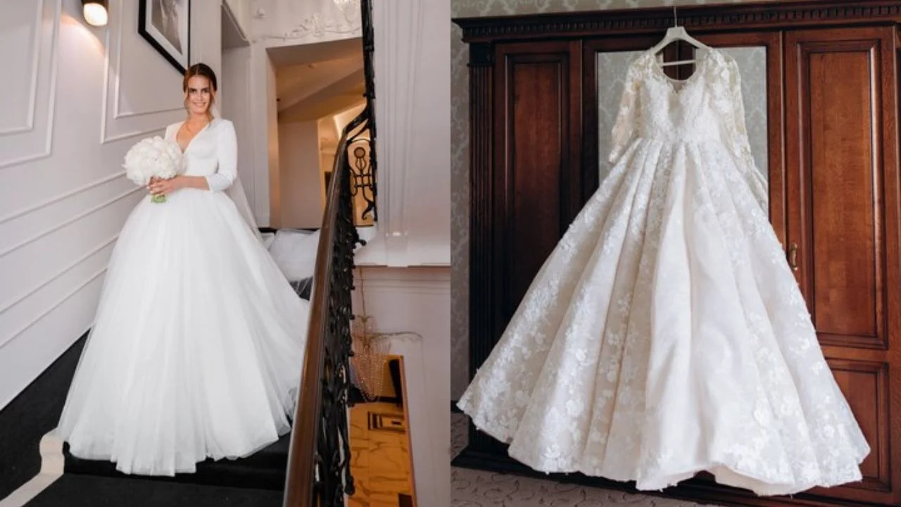 A bride wearing a long-sleeved winter wedding gown holding a white bouquet, next to a lace winter bridal gown with statement sleeves and a full skirt hanging on a wardrobe.