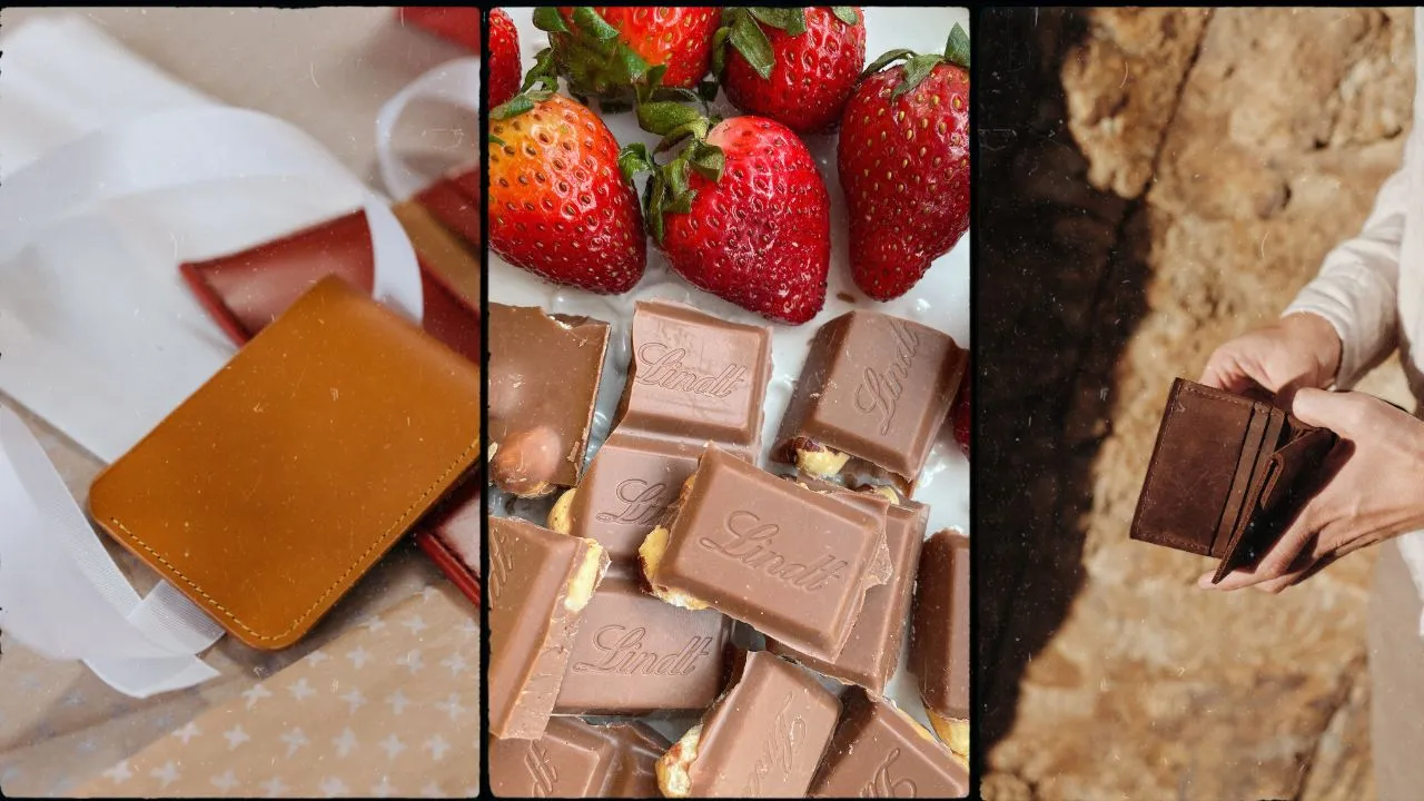 A collage of three images: a brown leather wallet resting on a gift box, a pile of Lindt chocolate bars with strawberries, and a hand reaching into a brown leather wallet.