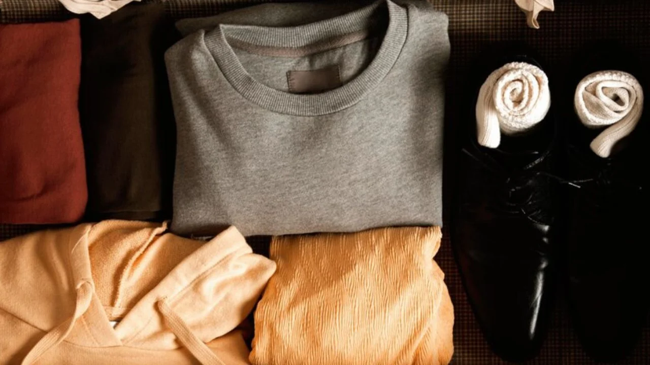 A suitcase is open, revealing a variety of folded clothing items, including a gray sweatshirt, a red shirt, a yellow hoodie, and a pair of brown pants. A pair of black shoes is also visible in the suitcase.