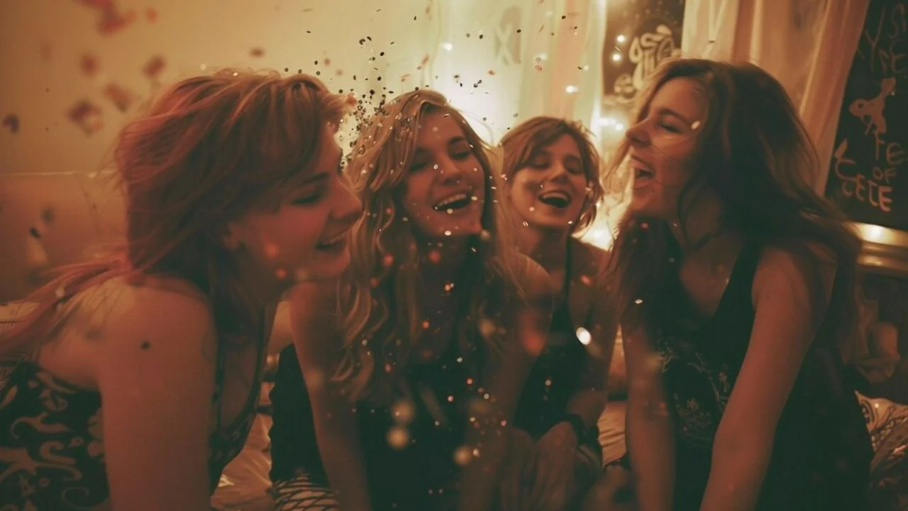 our friends laughing and smiling together, with confetti falling around them. They are all dressed up and look like they are having a great time celebrating.