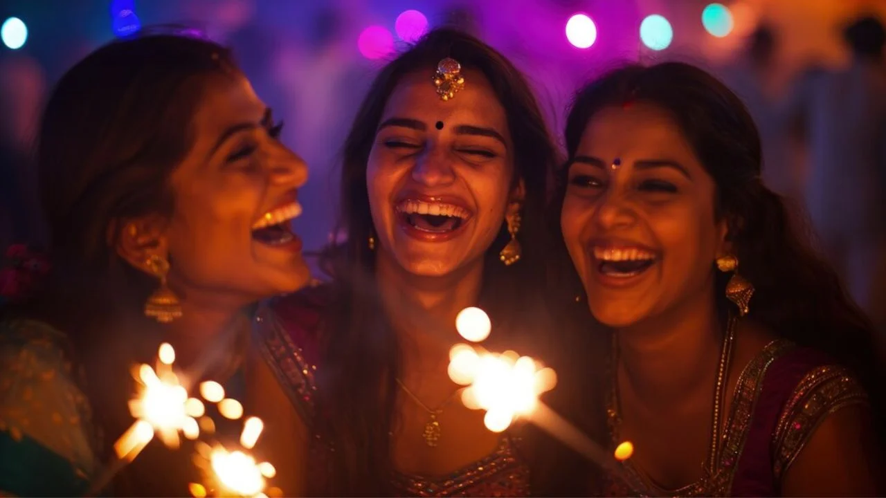 Three women in traditional Indian clothing laugh and smile together, celebrating Diwali with sparklers.