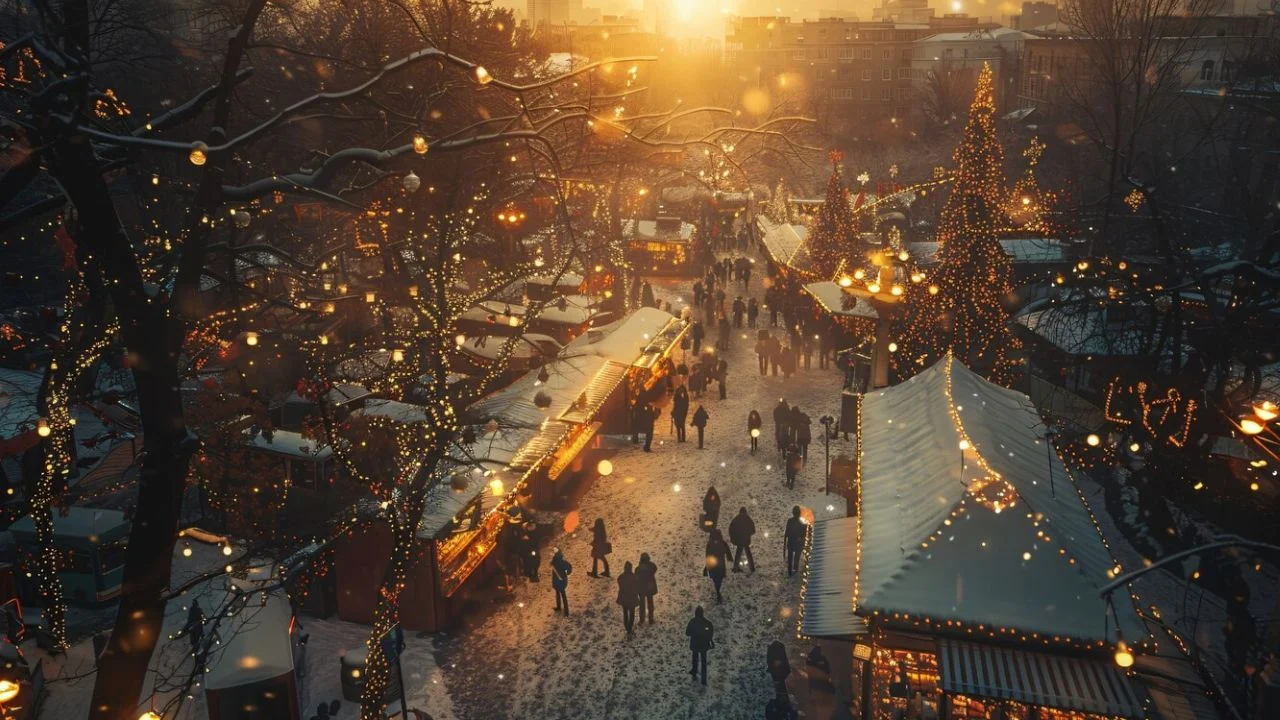 An aerial view of a bustling Christmas market at sunset. Snow-covered stalls are adorned with twinkling lights, and people stroll through the market enjoying the festive atmosphere.