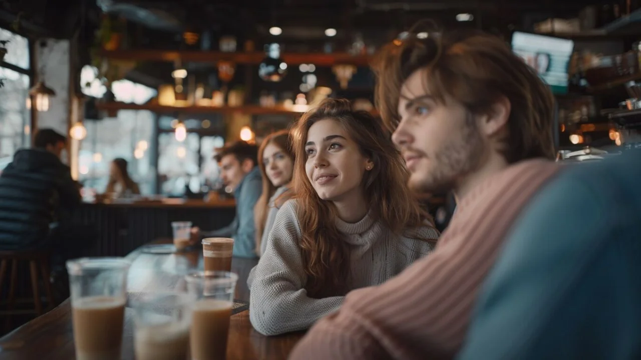 A young man and woman in a cafe sitting at a table talking and smiling together.