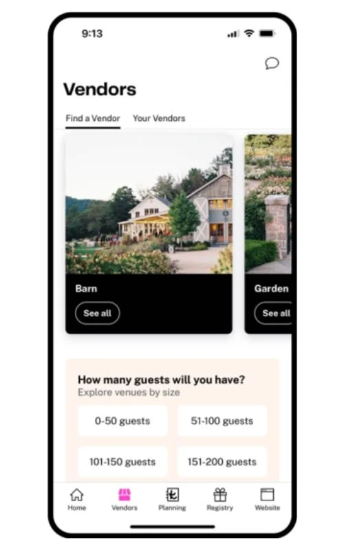 A screenshot of a wedding venue search app showing a list of venue categories (Barn, Garden), a question about the number of guests, and navigation buttons for Home, Vendors, Planning, Registry, and Website.