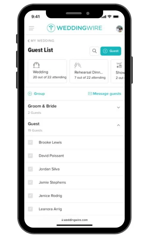 A screenshot of the WeddingWire Guest List app showing the couple's names (Groom & Bride), the number of guests attending the wedding and rehearsal dinner, a section for the guest list with individual guests listed, and a button to message guests.