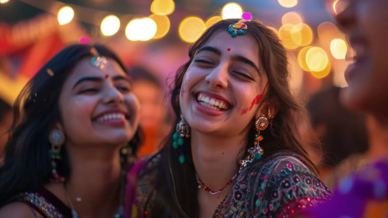 A photo of two women, both wearing traditional Indian clothing, smiling at each other.