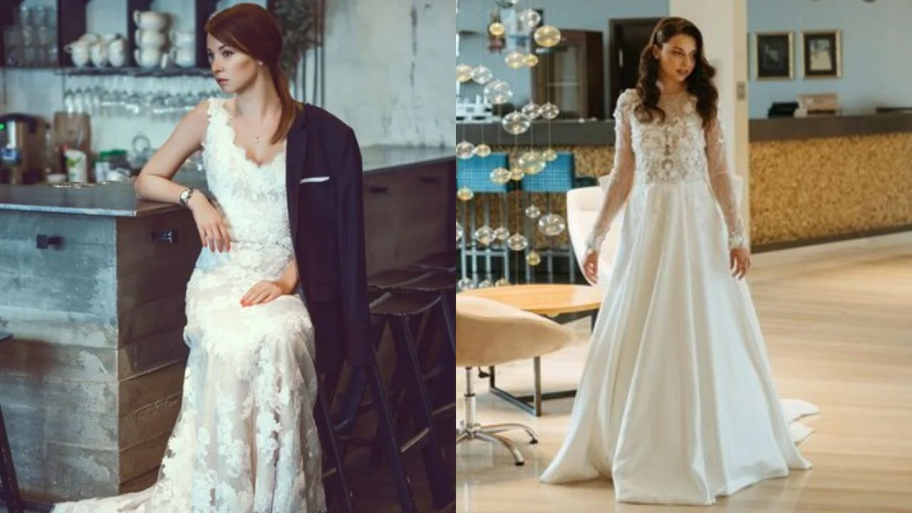 A side-by-side comparison of two women wearing elegant wedding dresses. The left dress is a lace-covered sheath gown, accessorized with a dark blazer draped over the shoulder, set in a rustic interior. The right dress is an A-line gown with a sheer, embroidered bodice and long sleeves, displayed in a modern, sophisticated setting.