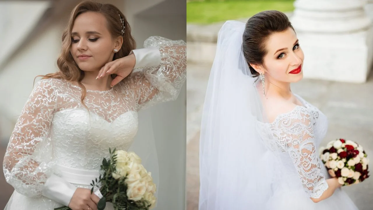 Two brides in elegant winter wedding gowns, one in a lace dress holding a white rose bouquet, and the other wearing a long veil and red lipstick, holding a bouquet of red and white flowers.