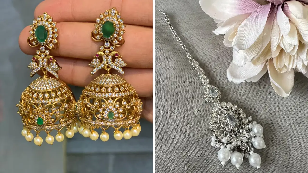 A pair of gold earrings with green stones and pearls, and a silver tikka with pearls.