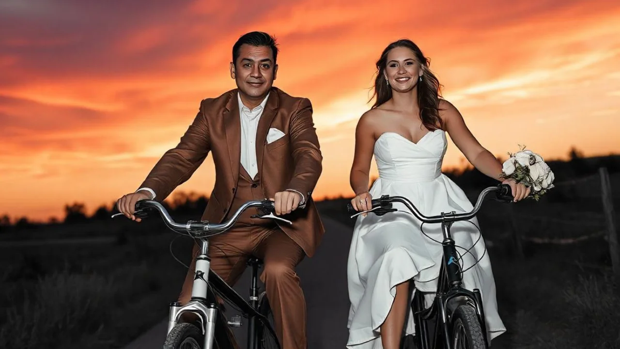 A newly married couple rides their bicycles down a road at sunset. The groom is wearing a brown suit and the bride is wearing a white dress. The bride has a bouquet of flowers in her hand. They are both smiling happily.