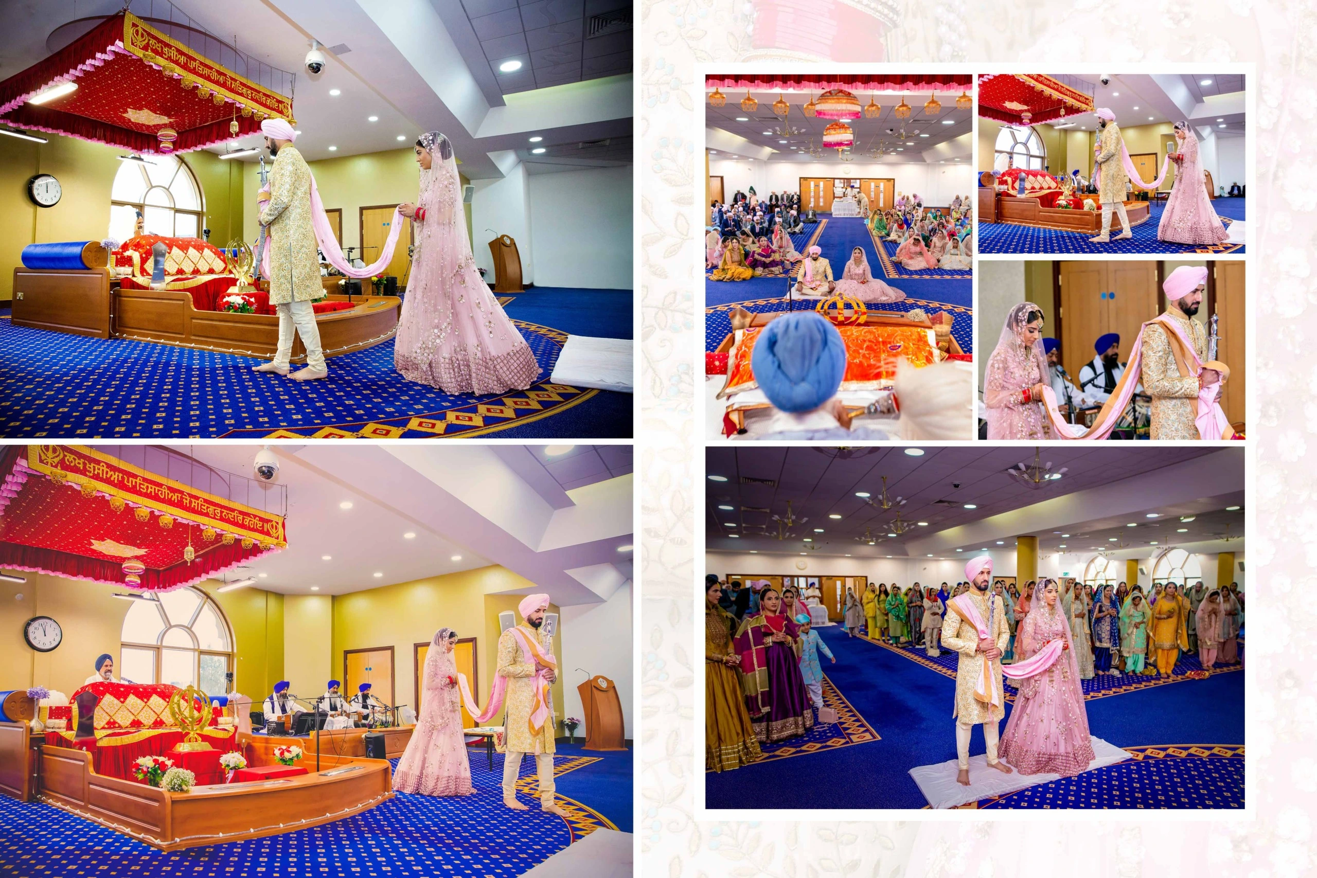 A Sikh wedding ceremony taking place in a Gurdwara. The bride and groom are wearing traditional clothing and are performing the rituals with the holy book, Guru Granth Sahib. The ceremony is being attended by family and friends.