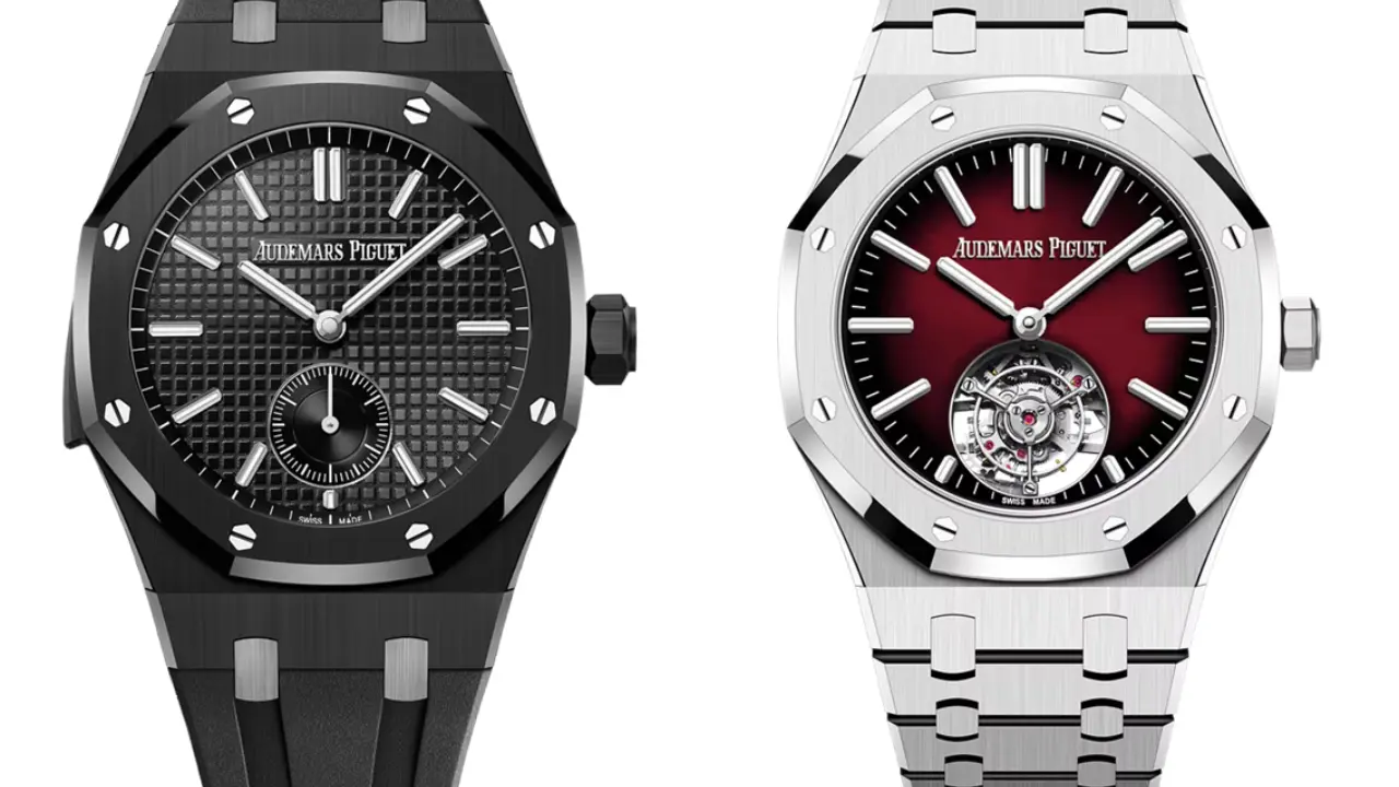 Two Audemars Piguet Royal Oak Minute Repeater Supersonnerie watches. The watch on the left has a black ceramic case and a black dial with a small seconds subdial. The watch on the right has a stainless steel case with a red dial and an open-worked movement. Both watches have a minute repeater complication.