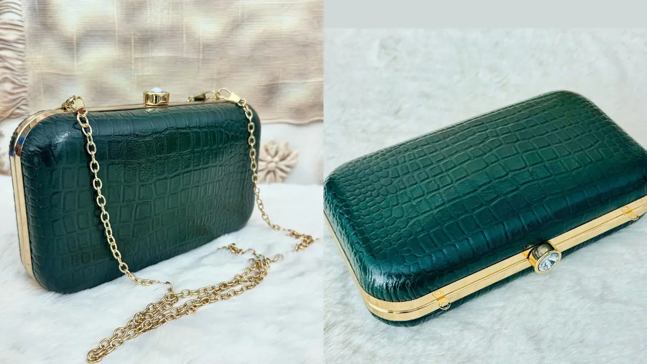 A green crocodile-embossed clutch with a gold chain and clasp, shown from two different angles.