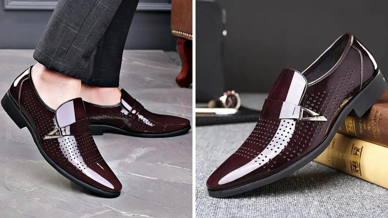 A pair of brown leather loafers with a perforated pattern and a shiny finish.