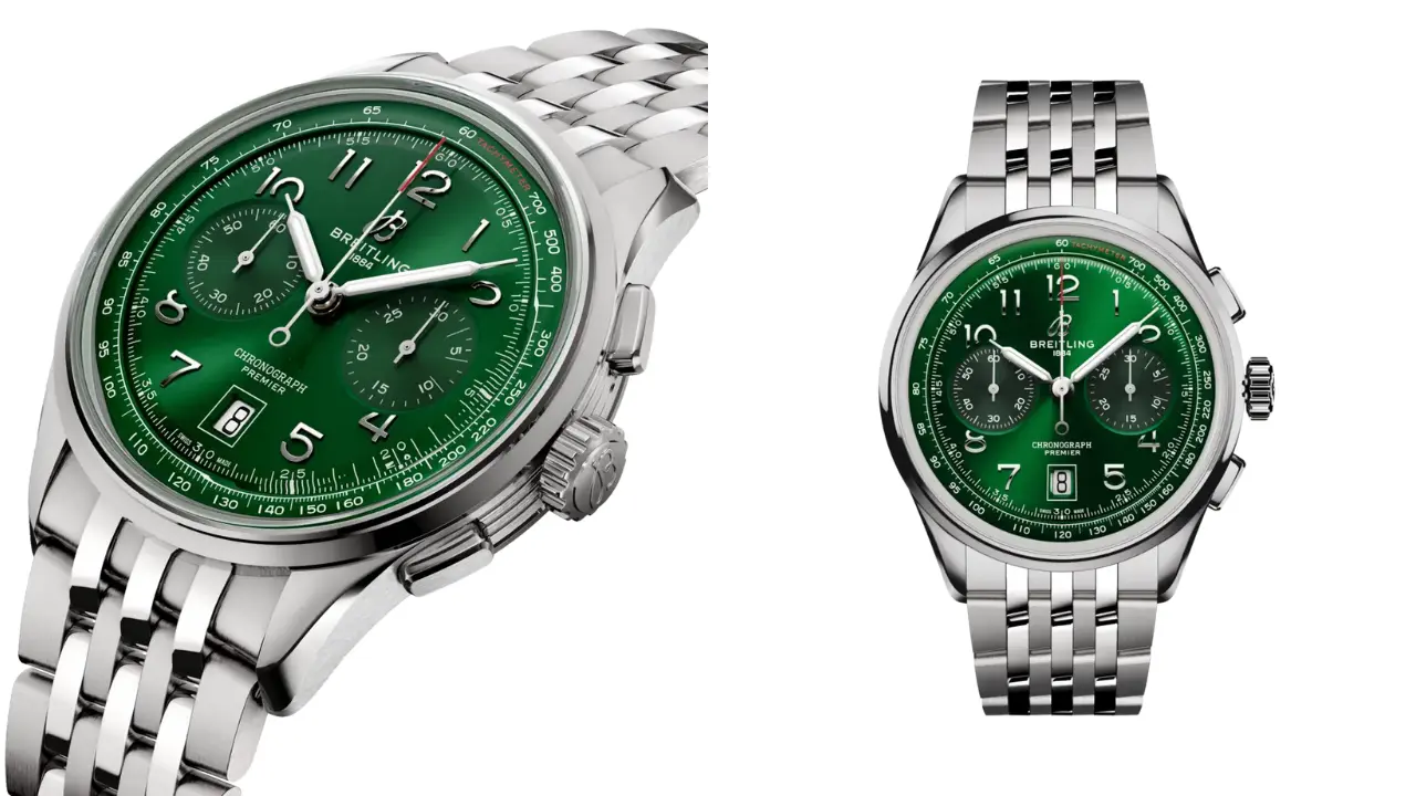 Two Breitling Premier B01 Chronograph 42 watches with green dials, both on stainless steel bracelets. One watch is shown from the front, while the other is shown from the side.