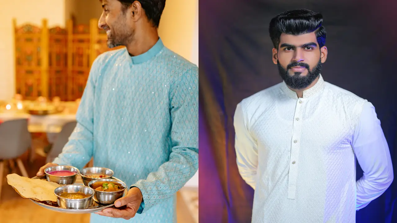 Two men in traditional clothing, one in a blue and white kurta and the other in a white kurta, standing against a background of different colors. The man in the blue kurta is holding a tray of food, while the man in the white kurta is looking directly at the camera.