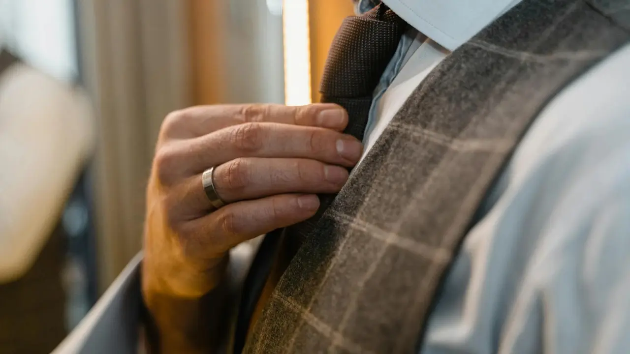 A groom adjusting his tie and Engagement ring, preparing for his wedding ceremony.