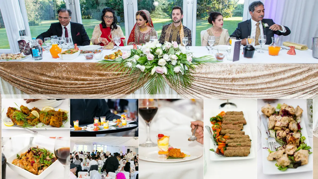 A beautifully set Indian wedding reception showcasing the couple and family members at the head table adorned with a floral arrangement, with a variety of traditional dishes, appetizers, and desserts served to guests in an elegant banquet setting.