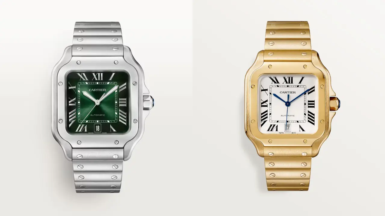 Two Cartier Santos de Cartier watches. The left watch has a stainless steel case and bracelet with a green dial. The right watch has a yellow gold case and bracelet with a white dial. Both watches have a square case and a blue sword-shaped hands.