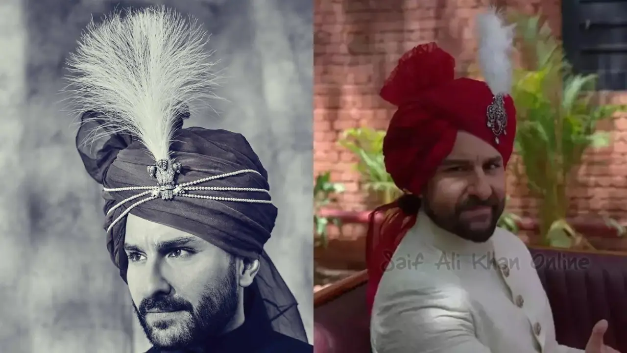 A collage of two images of Saif Ali Khan wearing different Kalgi styles. On the left, he is wearing a black turban with a white feather Kalgi and on the right, he is wearing a red turban with a white feather Kalgi. Both images showcase the actor's elegant and regal style.