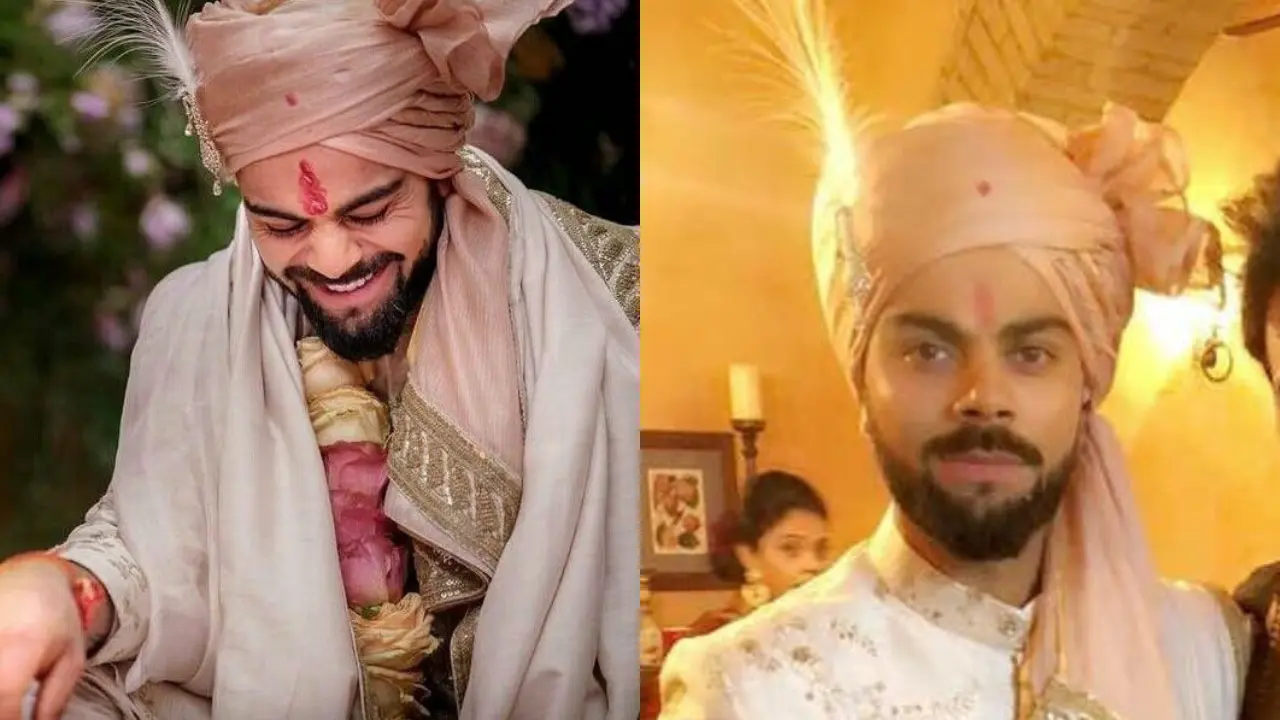 Virat Kohli, wearing a traditional Indian wedding outfit, with a pink turban and kalgi, looks dashing and elegant in these two different photos. He smiles in one photo, showing off his joyful mood. In the second, he has a more serious expression, highlighting his handsome features.