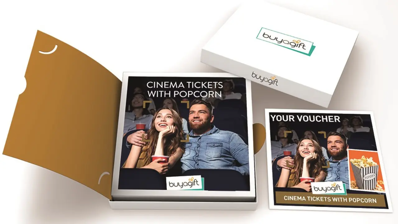 A buyagift voucher for cinema tickets and popcorn, a fun and exciting gift for movie lovers.