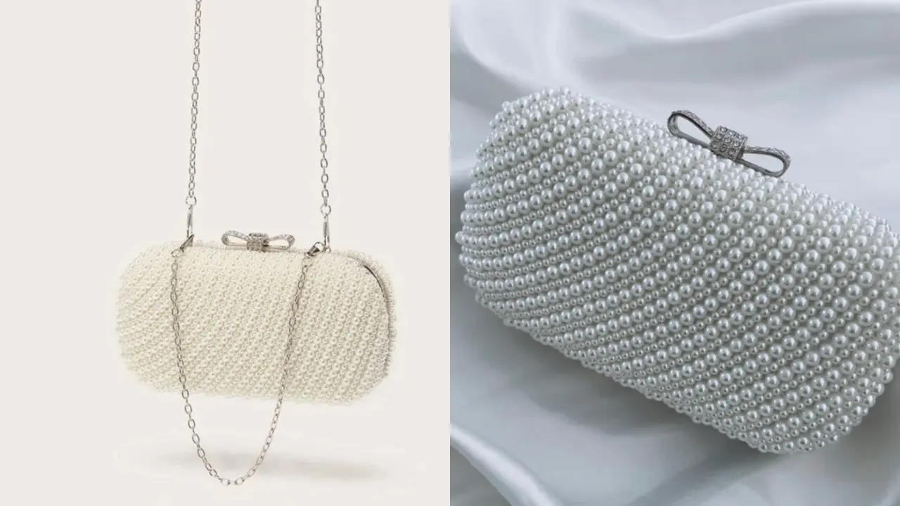 Two white pearl beaded clutches with bow closures, one shown with a chain strap and the other without.