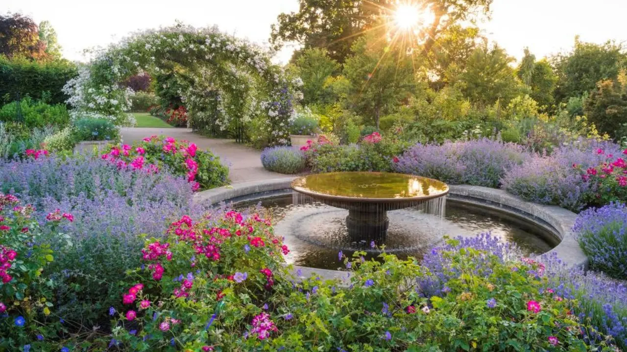 A beautiful garden with a circular fountain, surrounded by colorful flowers and lush greenery, bathed in the warm glow of the setting sun.