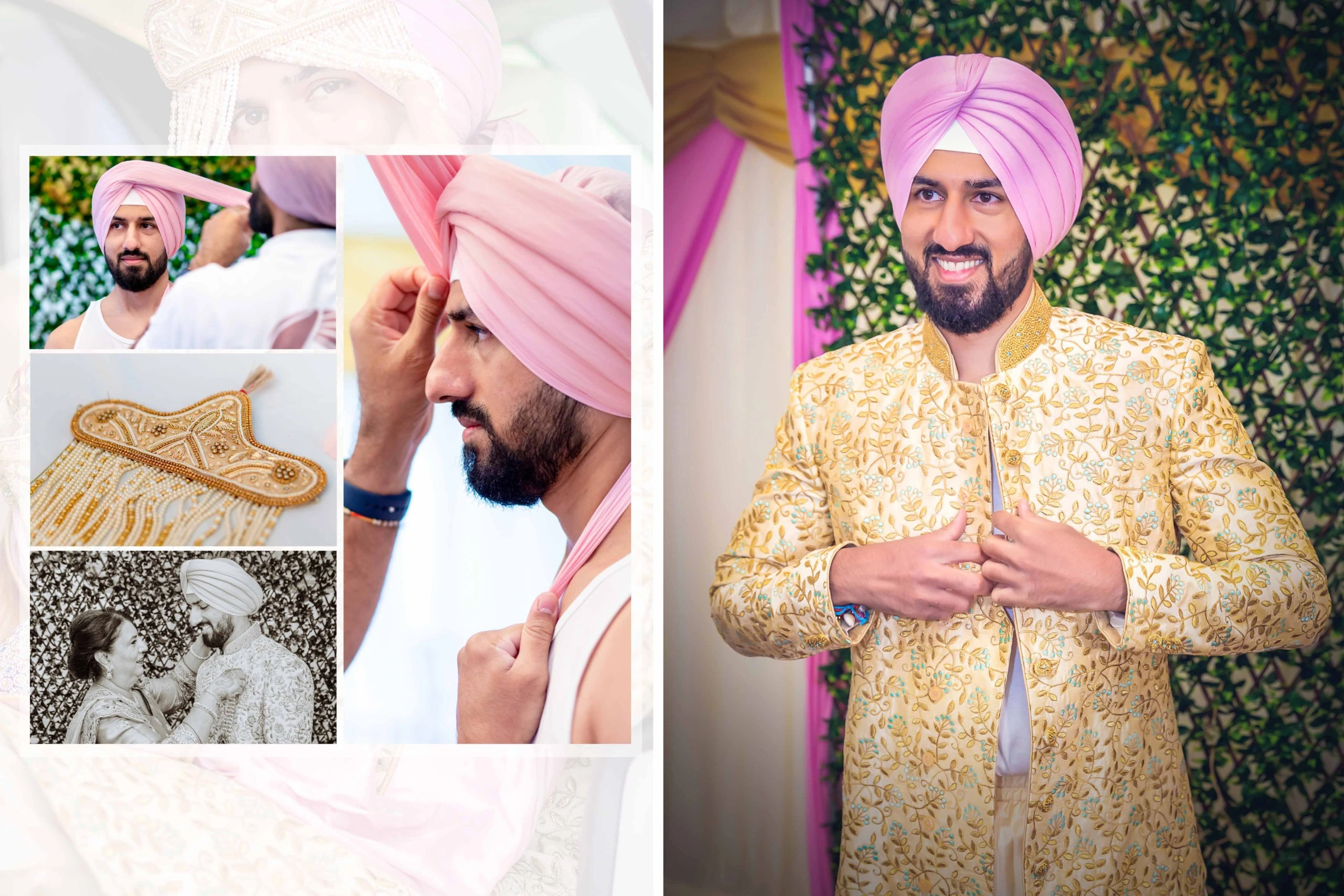 A collage of images showing a groom getting ready for his Sikh wedding. The top left image shows the groom wearing a white undershirt and having his turban adjusted by another man. The top right image shows the groom with his turban being tied and adjusting his clothing. The bottom left image shows the groom with his mother as she helps to adjust his clothing. The bottom right image shows the groom with a big smile on his face and his hand adjusting his jacket. All of the images are from a Sikh wedding ceremony.