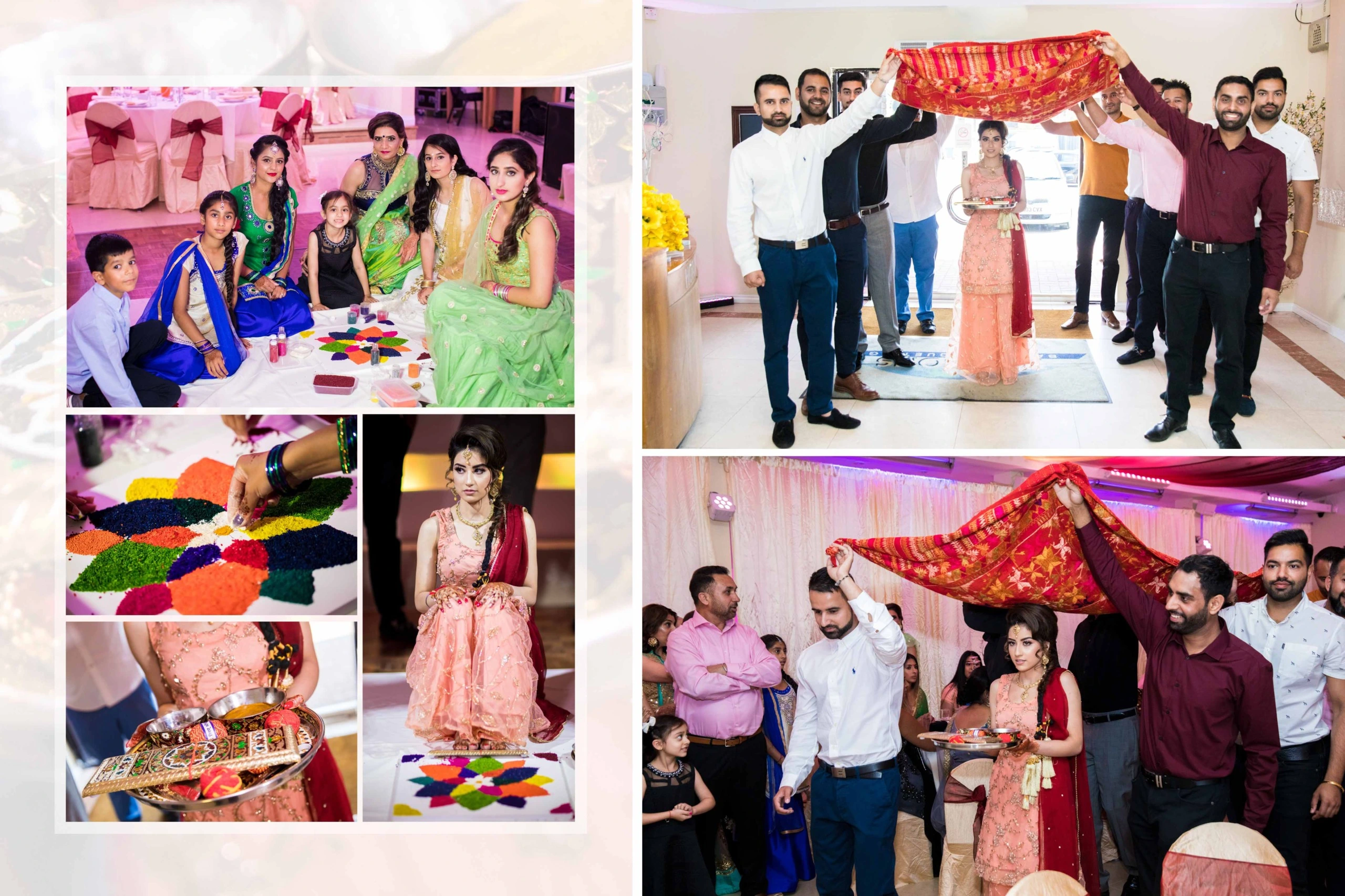 A collage of photos capturing the joyous moments of an Indian wedding celebration. The top left photo shows a group of women and children sitting on the floor, creating a colorful rangoli. The top right photo shows a group of men holding a red cloth over a bride in a pink outfit. The bottom left photo shows a woman in a pink outfit performing a ceremony on a colorful rangoli. The bottom right photo shows a man in a maroon shirt holding a red cloth over a bride in a pink outfit, while other guests look on.