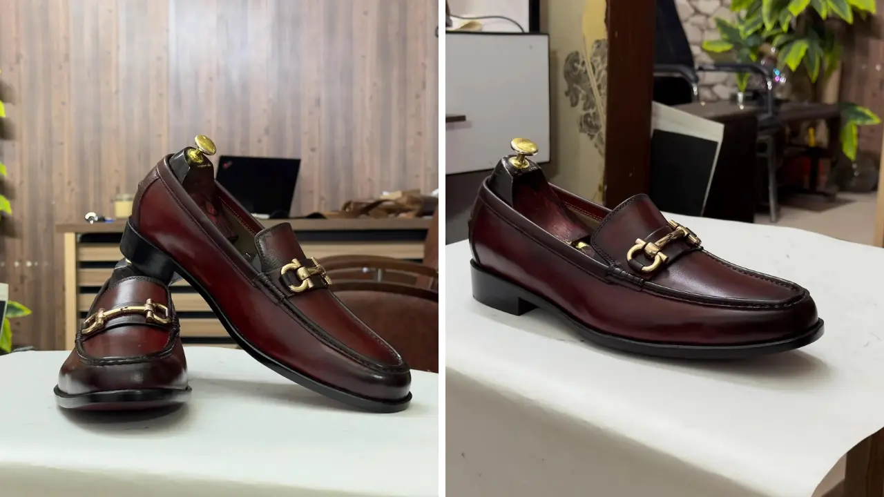 A pair of brown leather loafers with gold horsebit hardware.