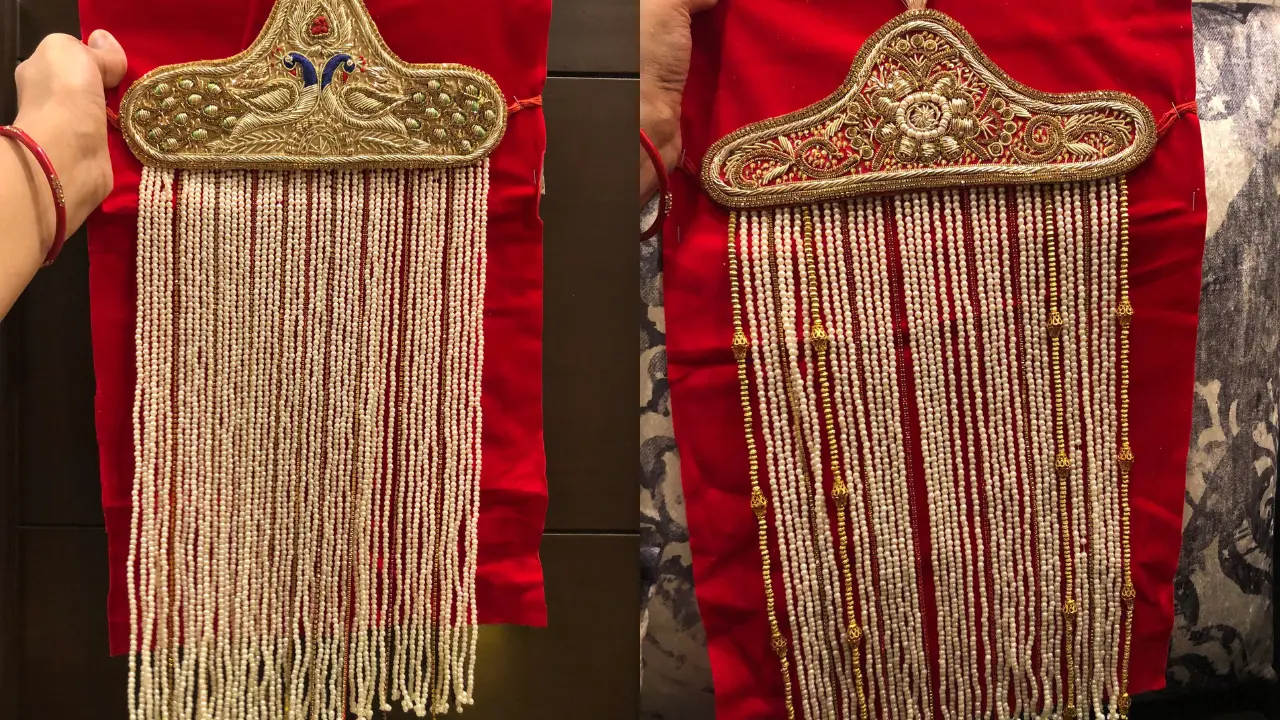 A Sehra, a traditional Indian groom's headpiece, featuring intricate gold embroidery and pearl tassels.