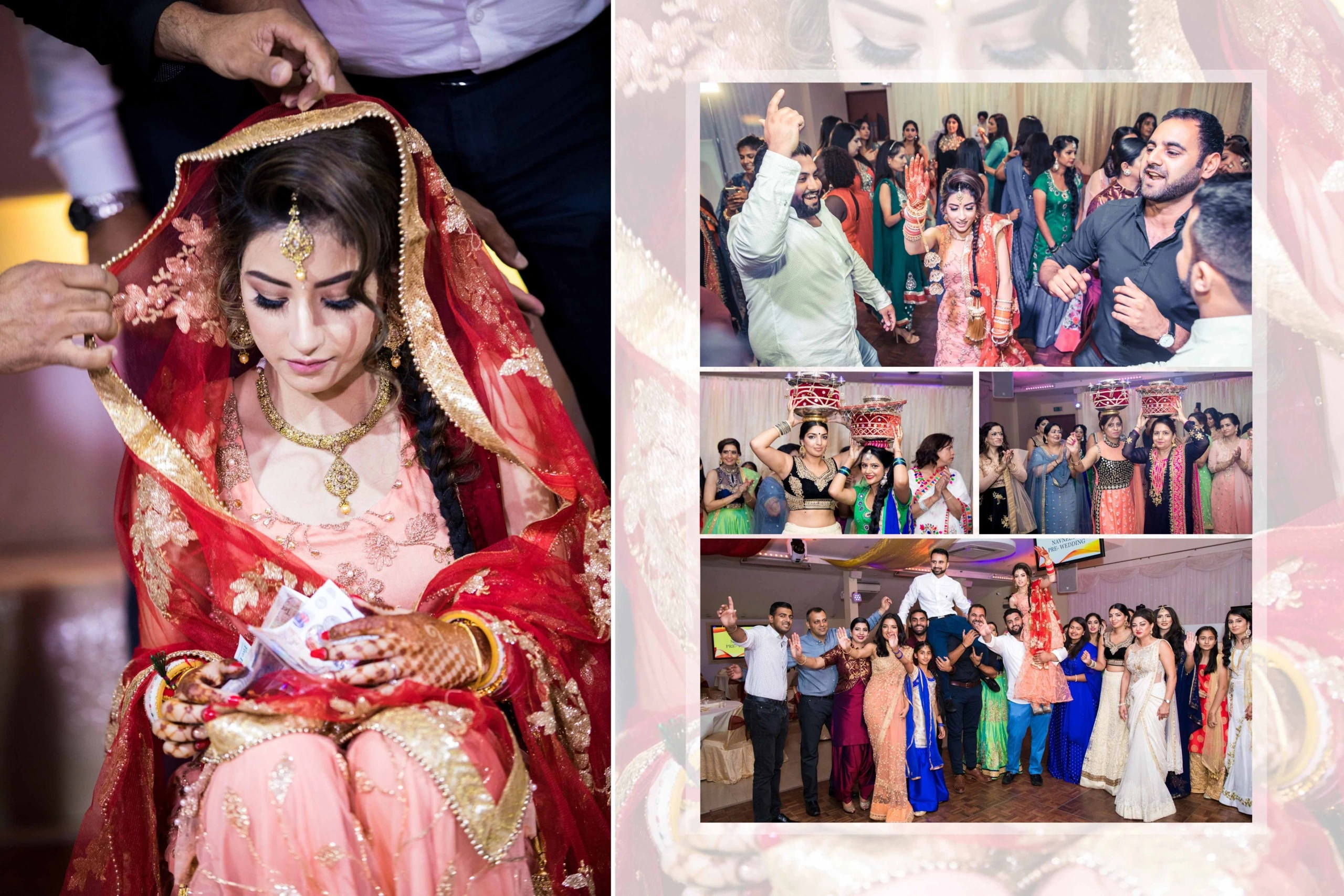 A collage of photos from an Indian wedding celebration. The top left photo shows a bride in a red and pink outfit being helped by a guest to put on her veil. The top right photo shows guests dancing at the wedding. The bottom photo shows guests dancing and celebrating.