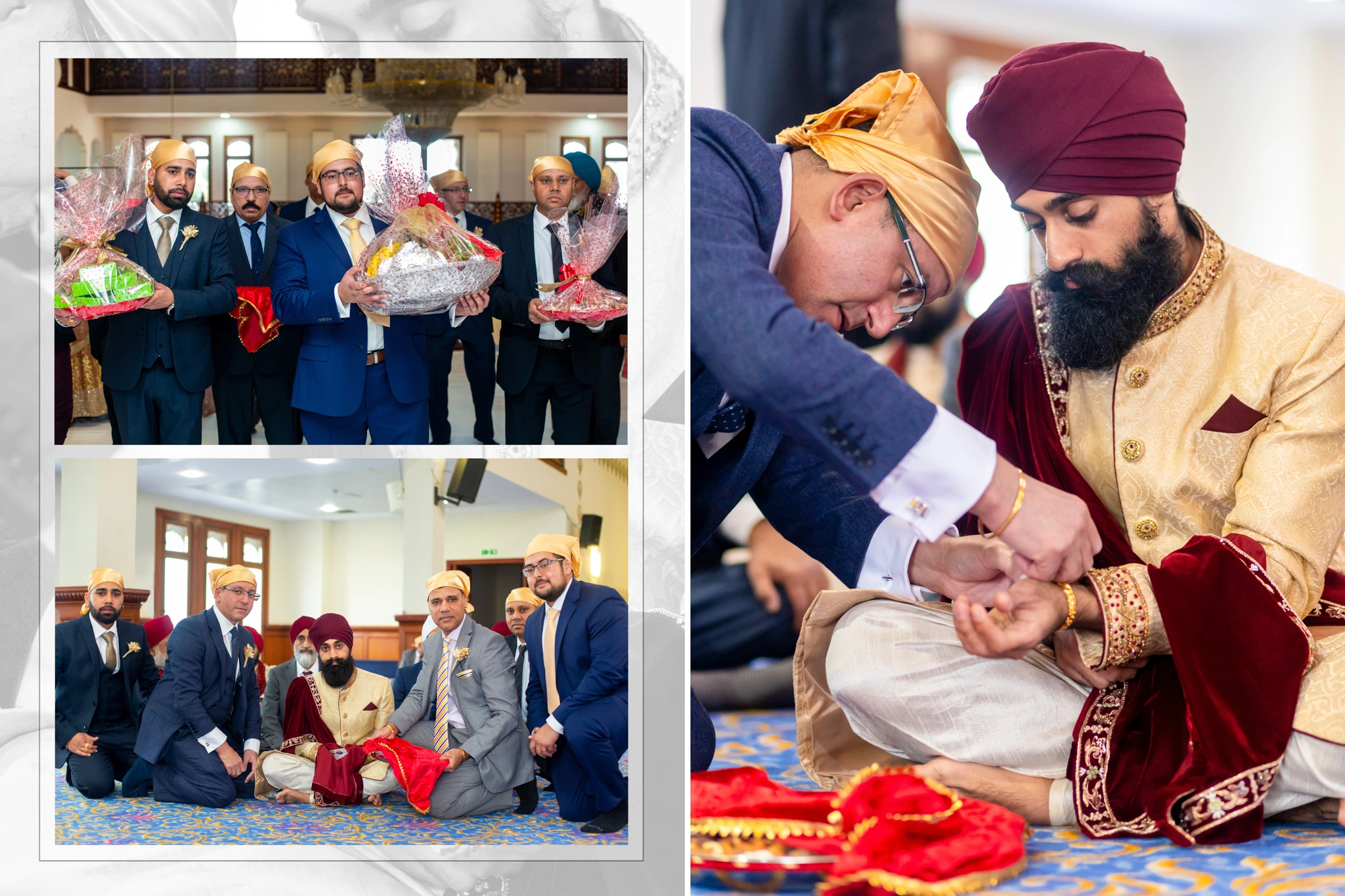 Sikh wedding ceremony. The top image shows a group of men in traditional Sikh attire, standing together with baskets in their hands. The bottom image shows the groom seated on the floor with a man adjusting his attire. The groom is wearing a golden sherwani and the man assisting him is wearing a blue suit.