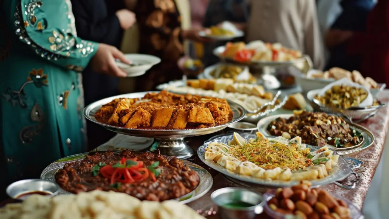 A table laden with a variety of colorful dishes, including curries, pastries, and desserts, at a festive gathering.