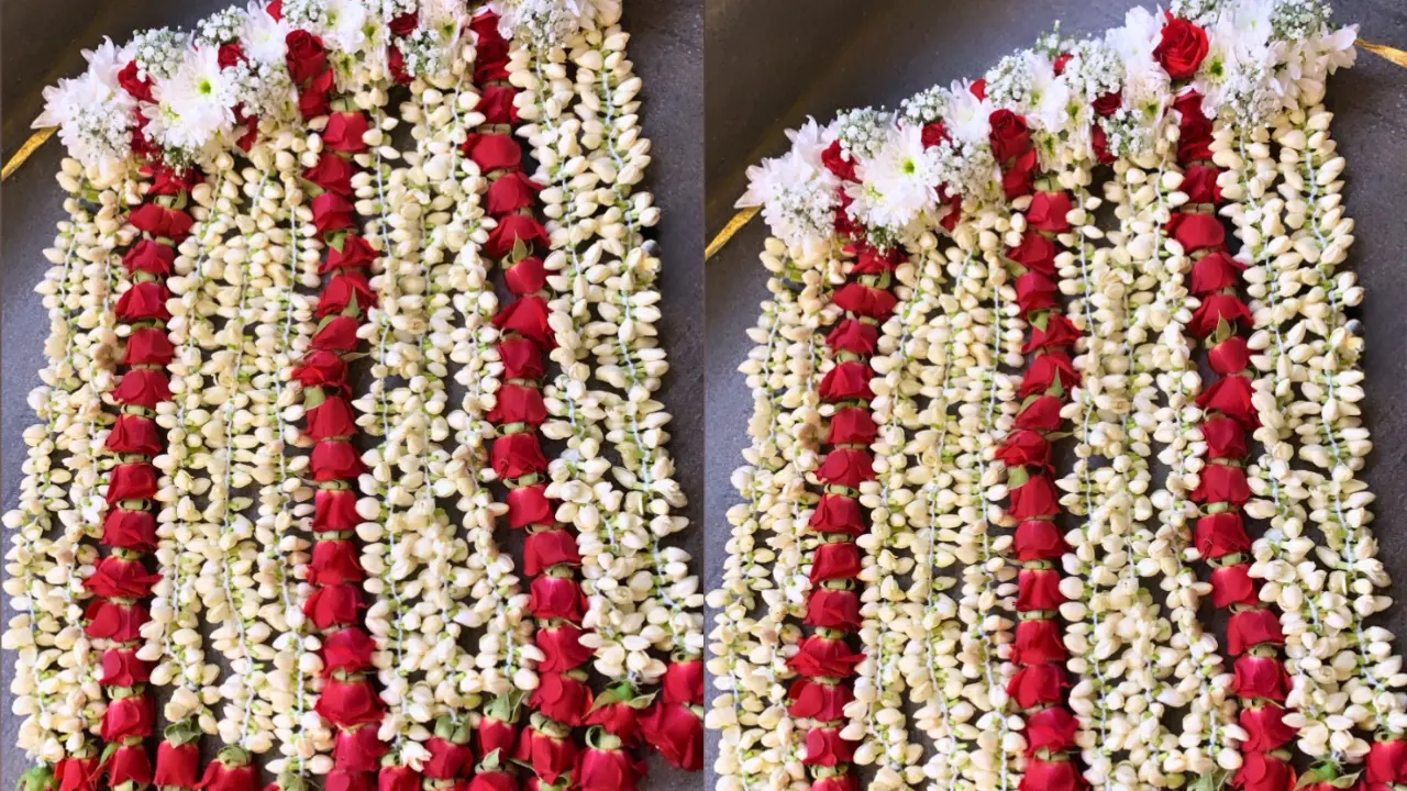 A floral sehra made with roses and jasmine flowers, used in Indian weddings.